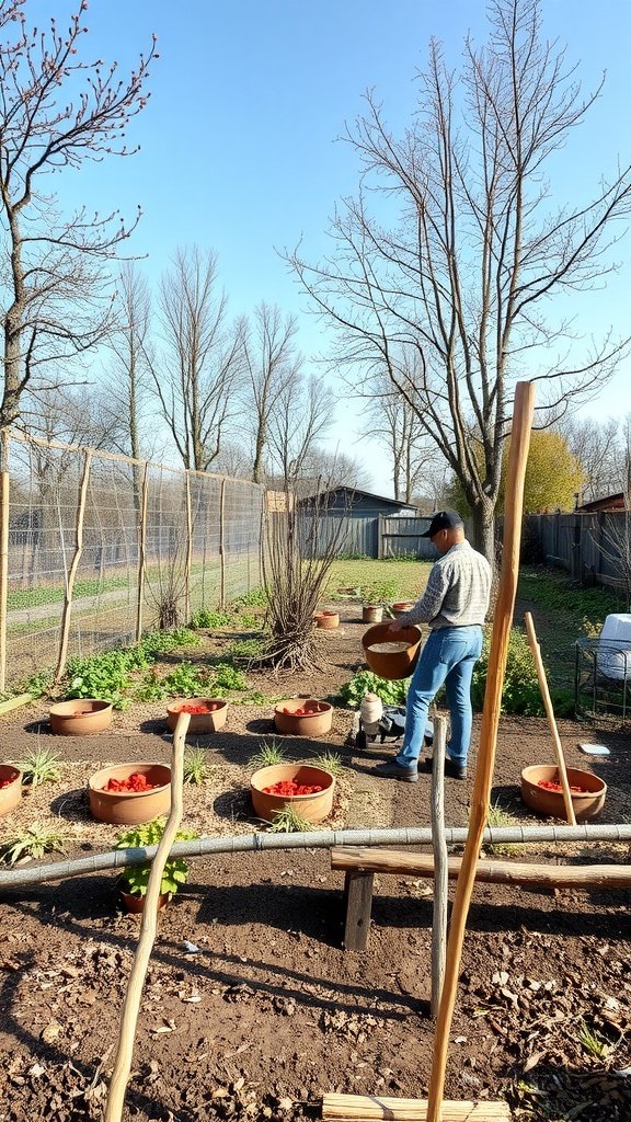A person tending to a dry garden with terracotta pots and a clear blue sky.