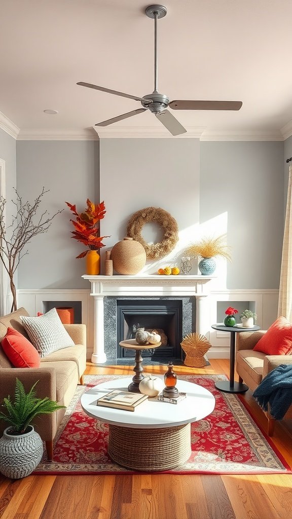 Colorful living room with warm fall accents and neutral furniture