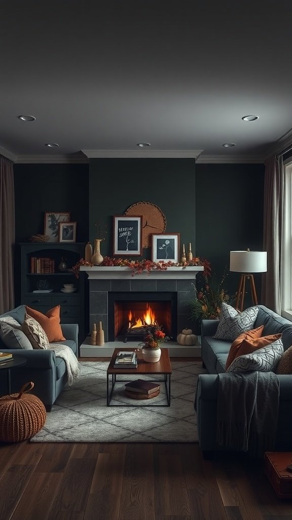 Cozy dark living room with seasonal decor, featuring a fireplace, decorative cushions, and warm autumn colors.