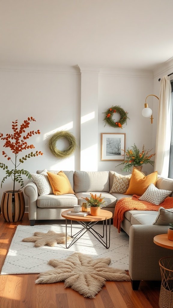 A cozy living room decorated for autumn with a green sofa, orange throw pillows, and seasonal accents.