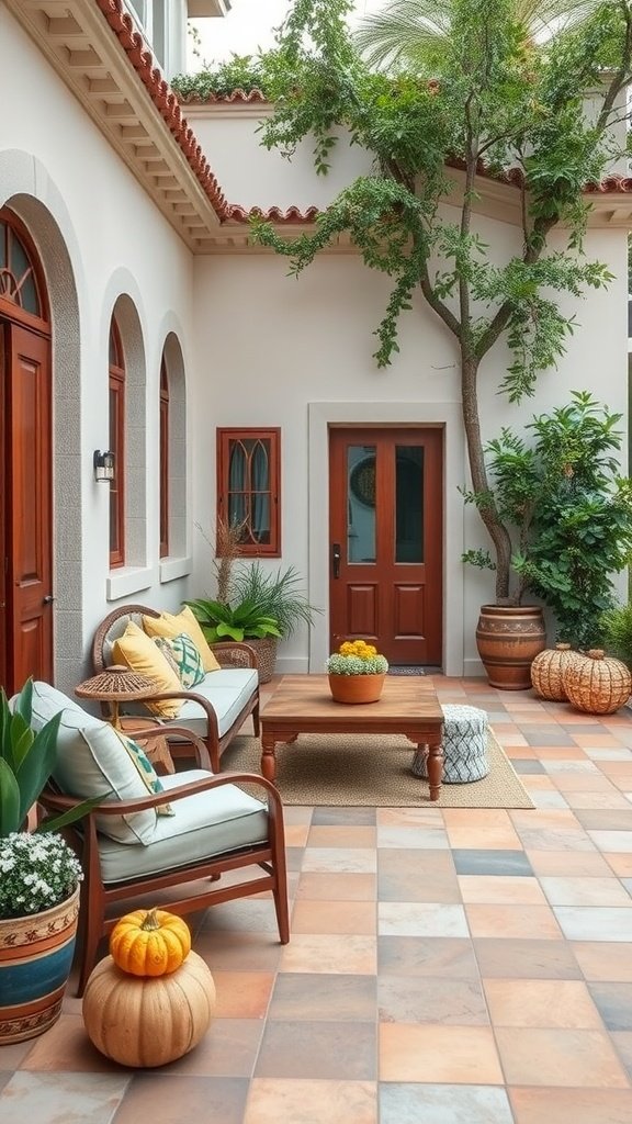 A cozy patio with colorful tiles, a wooden table, and seasonal decorations.