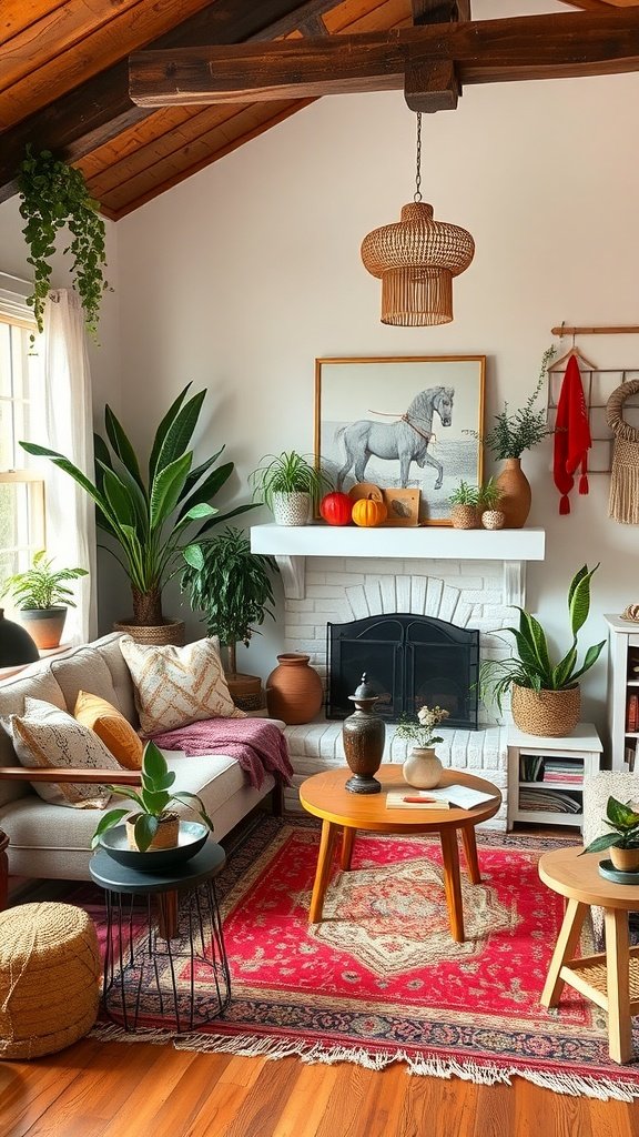 A cozy boho living room with plants, colorful decor, and a warm atmosphere.