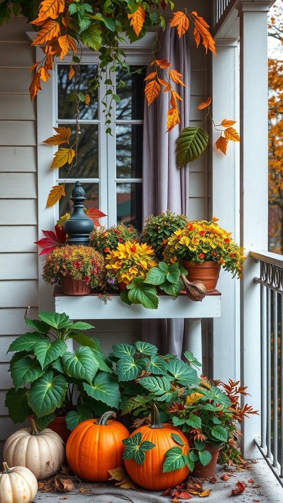 A cozy balcony garden with pumpkins and colorful fall leaves.