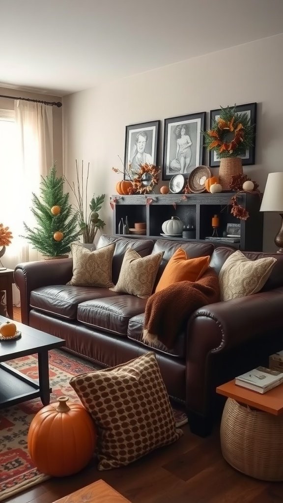 Cozy living room decor featuring a brown leather couch with autumn decorations.