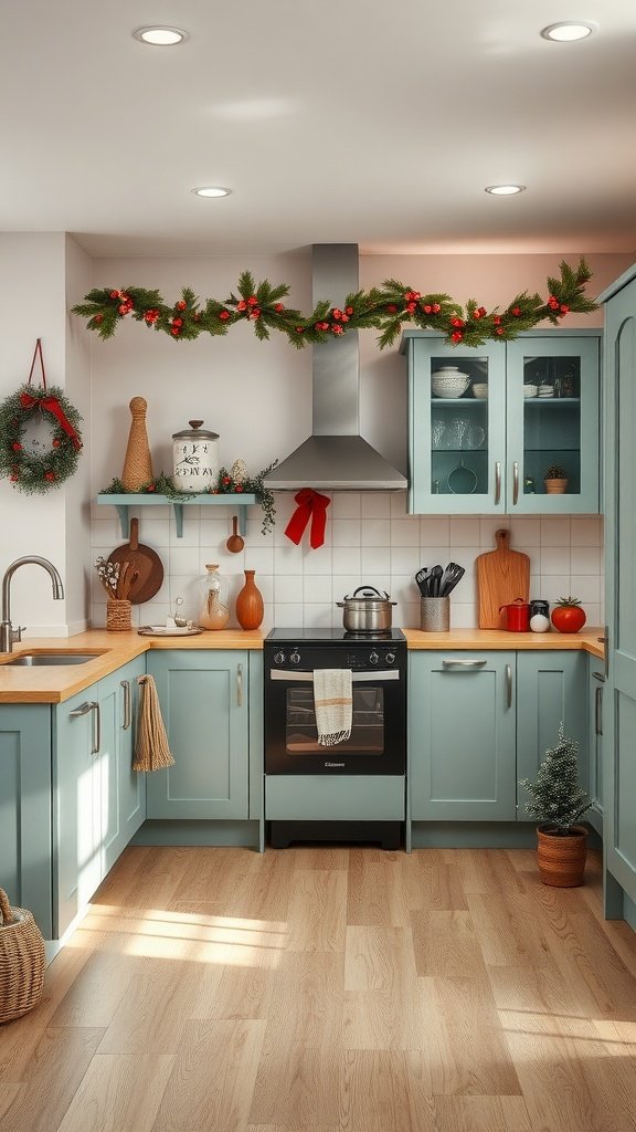 A cozy two-tone kitchen with tan lower cabinets and white upper cabinets, decorated for the holiday season.