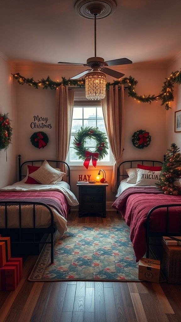 A cozy shared bedroom with two beds decorated for Christmas.
