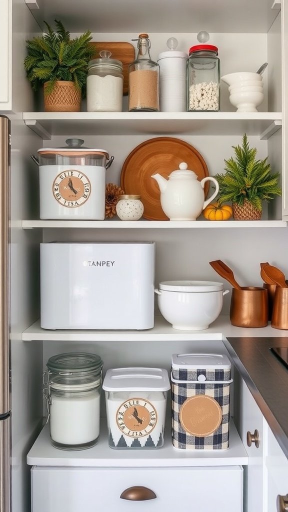 Stylish kitchen shelf with organized containers and seasonal decor.