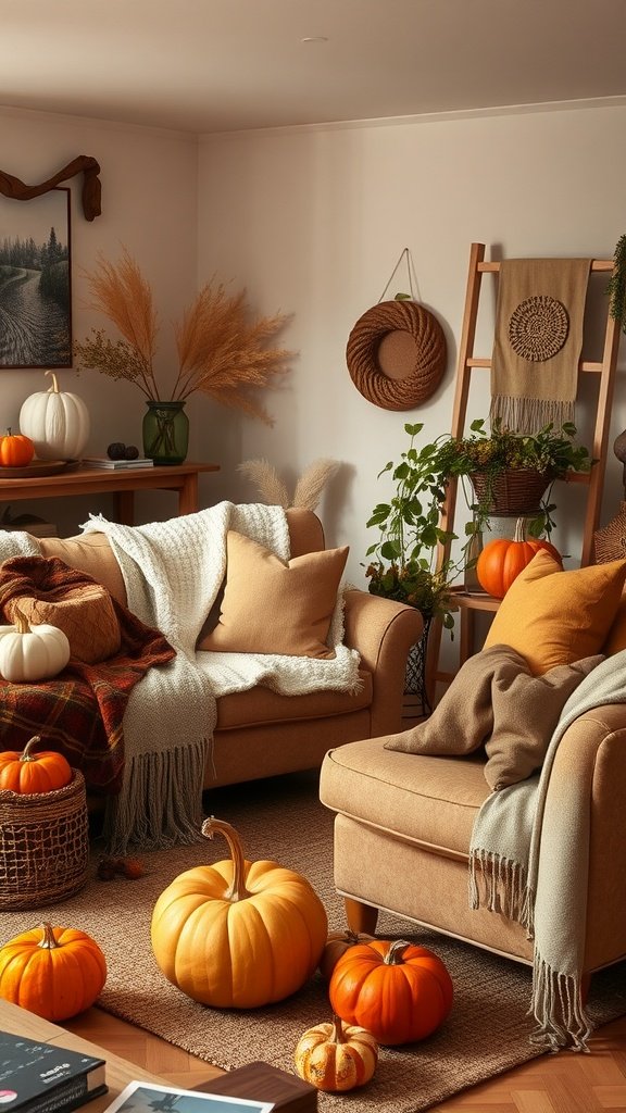 A cozy living room decorated for fall with pumpkins, warm blankets, and earthy tones.