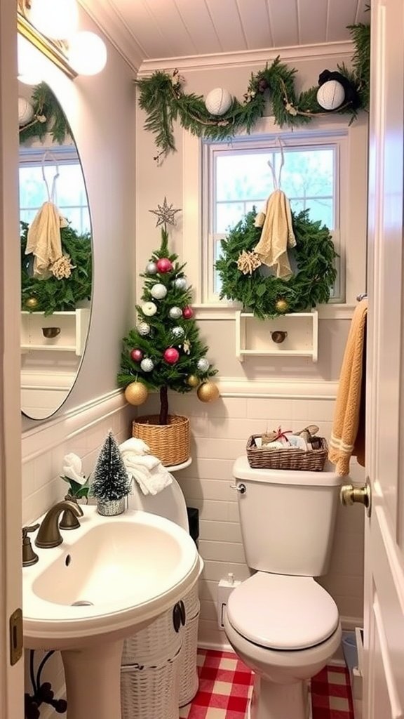 Decorated half bathroom with Christmas theme, featuring a wreath and small Christmas trees.