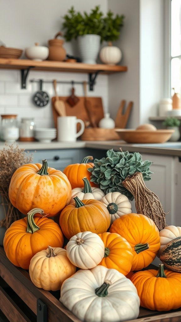 A cozy kitchen with a variety of pumpkins displayed on a wooden cart.