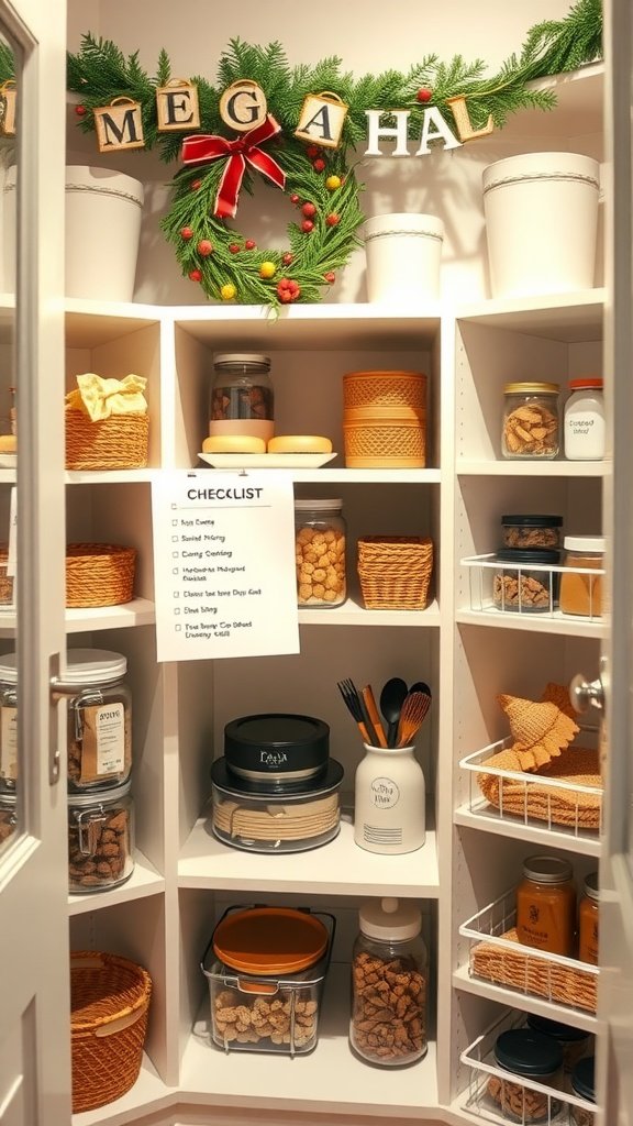 Organized pantry with labeled jars and seasonal decorations