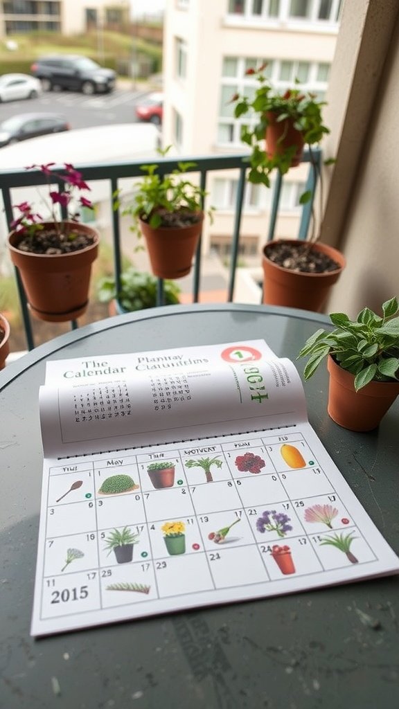 A balcony with potted plants and a calendar for seasonal planting.