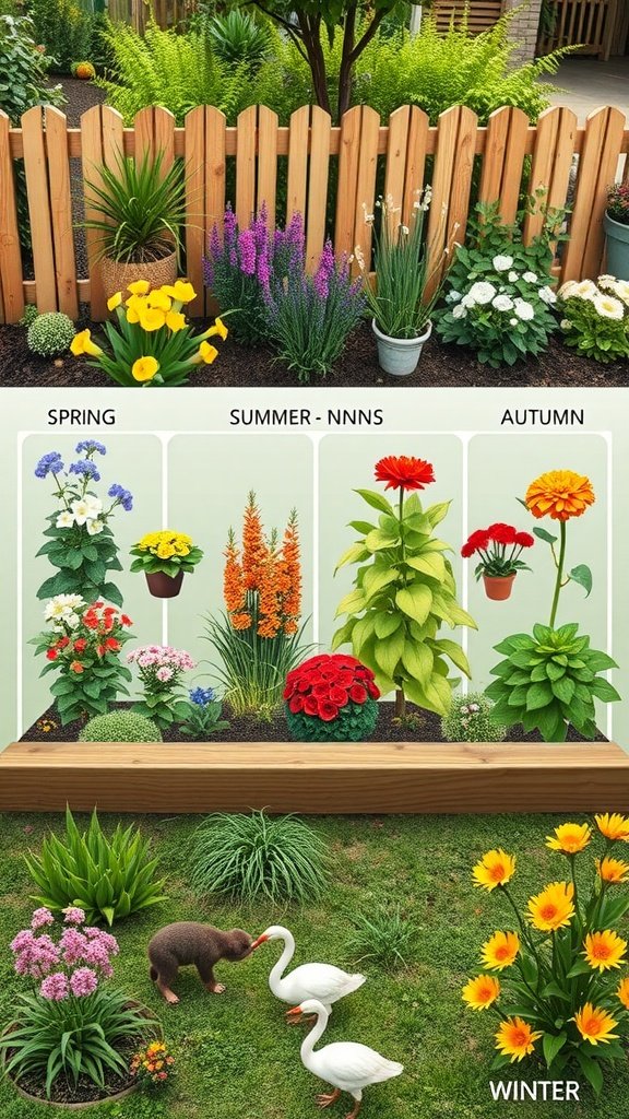Seasonal planting strategies with various flowers and plants representing spring, summer, autumn, and winter.