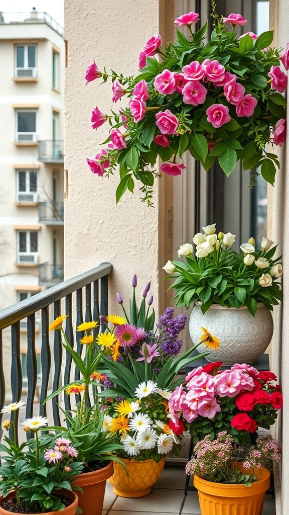 Colorful flowers and plants arranged on an apartment balcony.