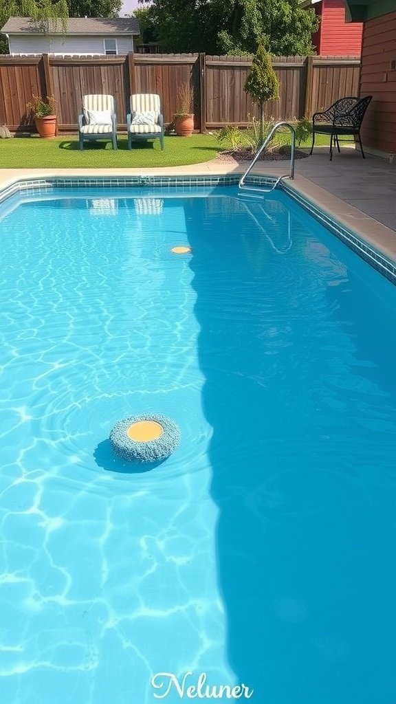 A vibrant backyard pool scene with a floaty, lounge chairs, and a clear blue sky.