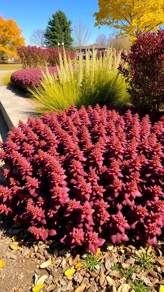 A vibrant patch of Sedum Autumn Joy with deep red flowers enjoying the fall sunshine.
