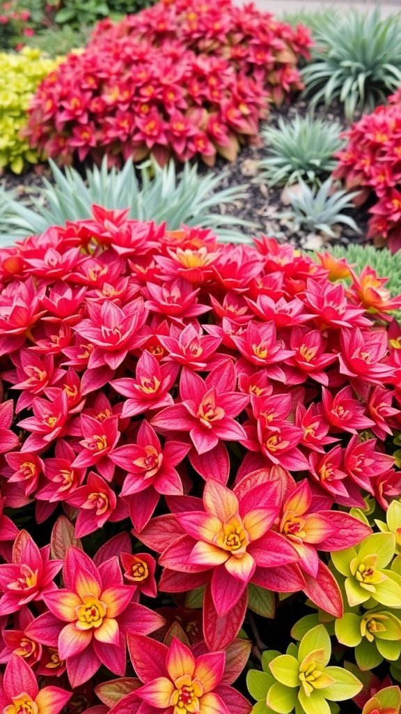 Vibrant flower bed featuring Sedum 'Autumn Joy' with bright red and yellow blooms.