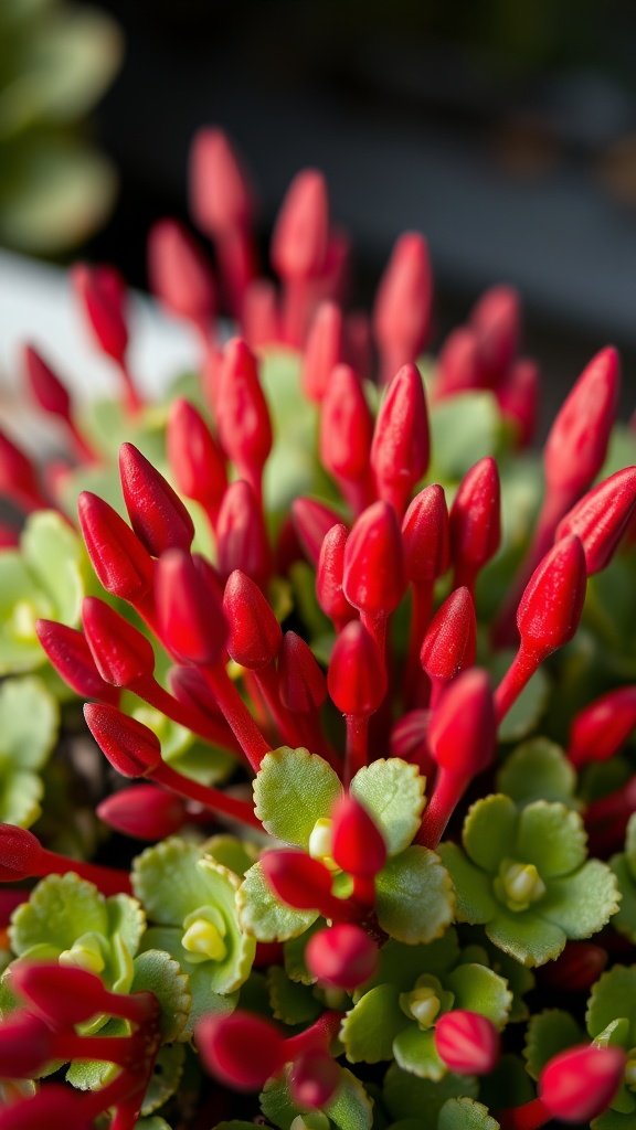Close-up of bright red Sedum 'Dragon's Blood' succulent with green leaves.