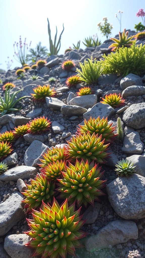 A vibrant display of sedum plants growing among rocks.