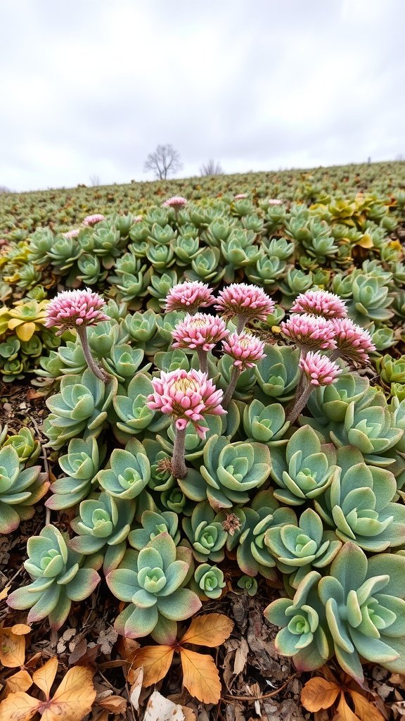 A vibrant patch of Sedum with pink flowers against a backdrop of green succulent leaves.