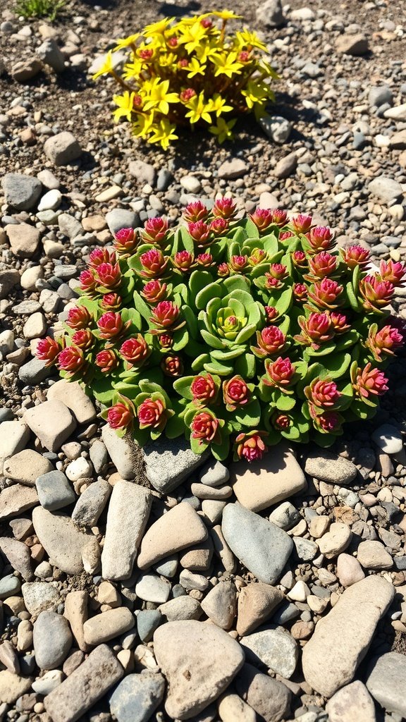 Sedum plants thriving among stones in a garden