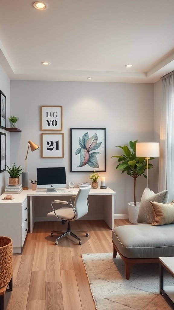 A cozy office area in a living room featuring a dresser computer desk setup.