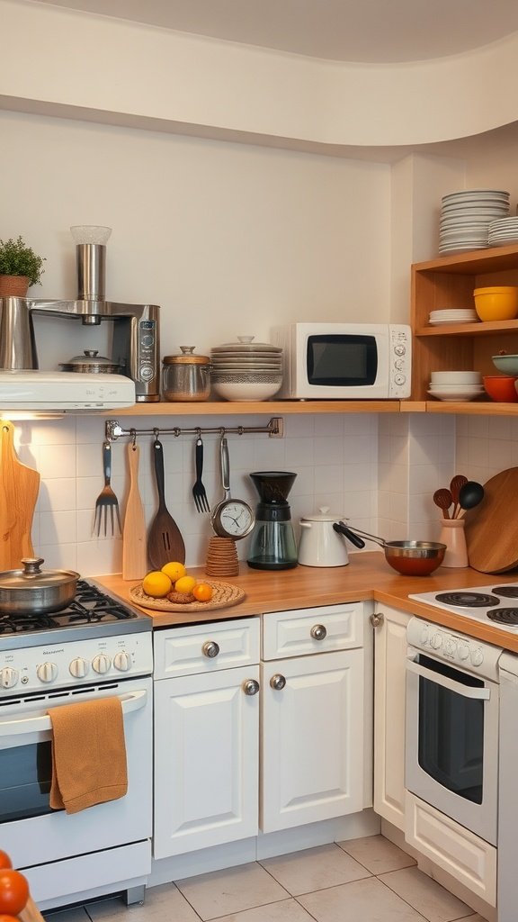 A cozy kitchen corner with modern appliances and a warm color scheme, featuring an organized cabinet layout.