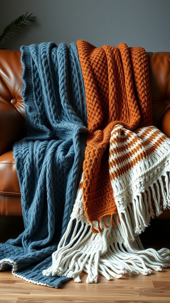 A cozy arrangement of artisanal throw blankets in various colors on a brown leather couch.