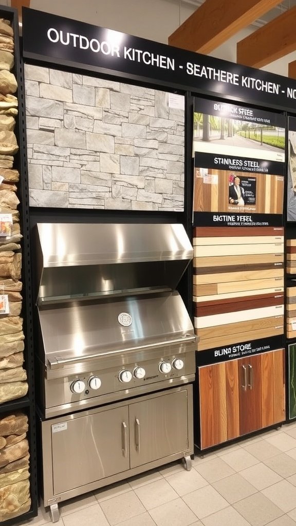 Stylish outdoor kitchen featuring stainless steel appliances and stone structure.