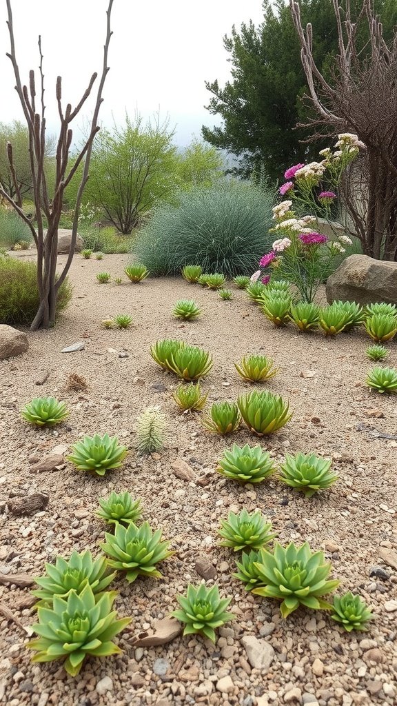A dry garden featuring various succulent plants and rocks in a minimalistic landscape.