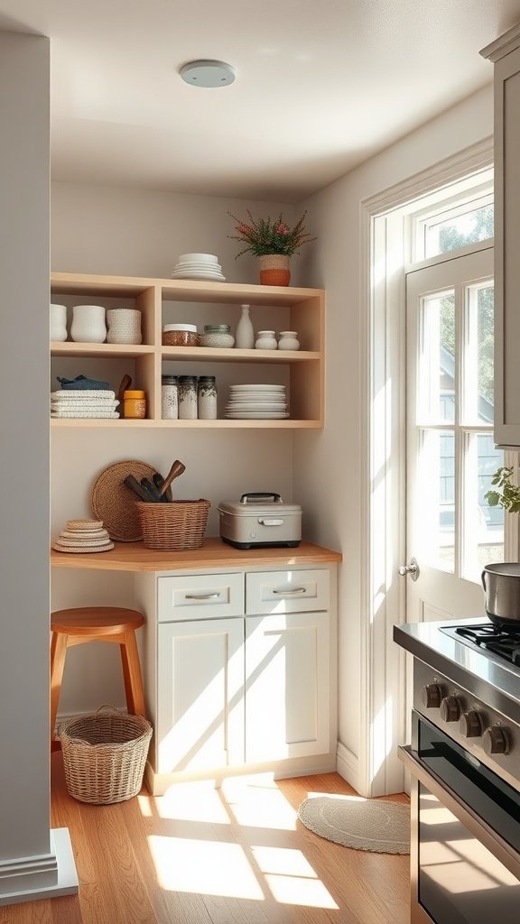 A cozy kitchen corner featuring a built-in pantry cabinet with shelves and a small countertop.