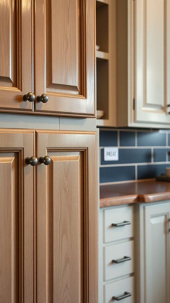 Tan lower cabinets and white upper kitchen cabinets with a sleek finish.