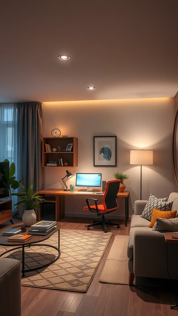 A well-lit office area with a computer desk, cozy seating, and natural light.