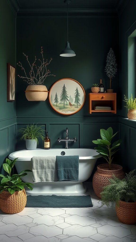 A serene dark green bathroom with plants, a freestanding tub, and cozy decor.