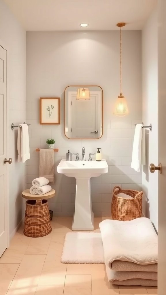 A serene and modern half bathroom featuring soft colors, a stylish mirror, and decorative elements.