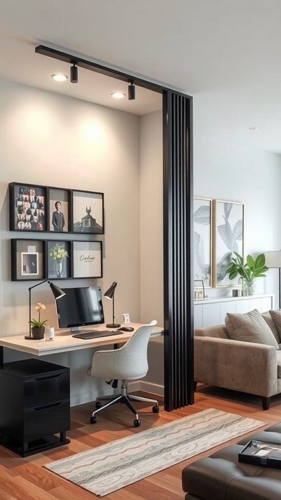 Small home office setup with a modern desk, computer, and a cozy chair in an open living space