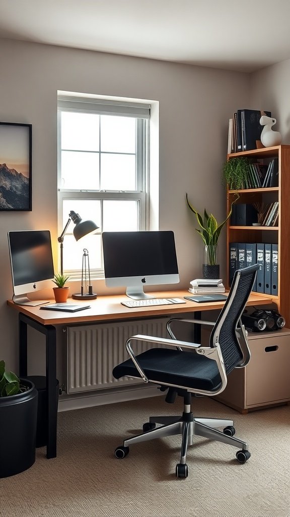 A small home office setup featuring a desk, computer, and plants in a bright room.