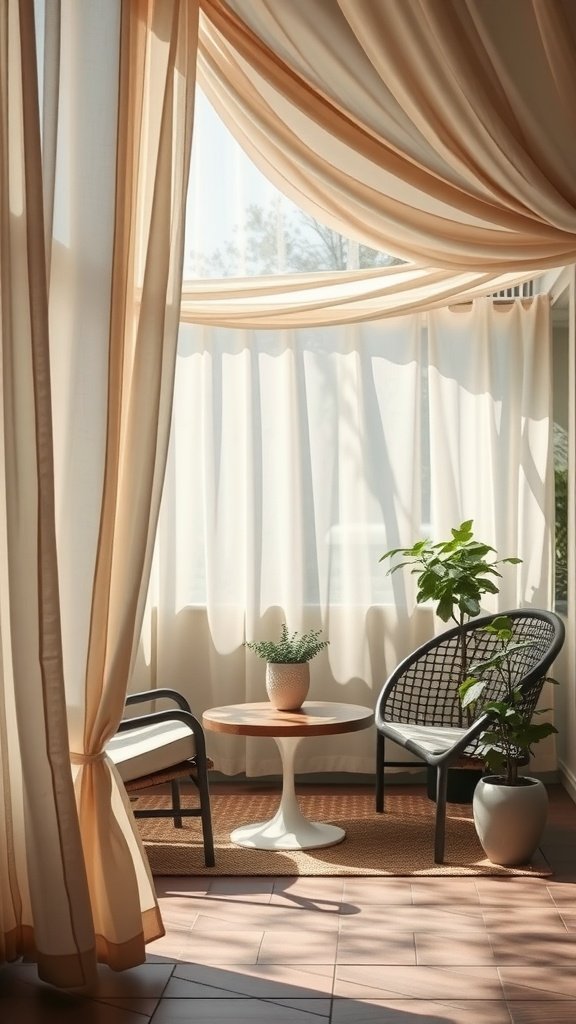 A cozy patio space featuring soft, light curtains and comfortable seating.