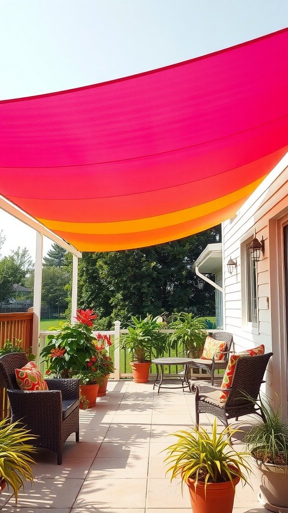 Colorful shade sail awning over a patio with plants and seating