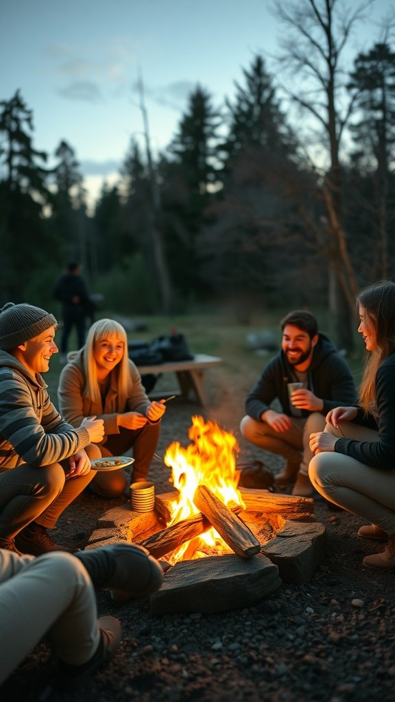 A group of friends laughing and sharing food around a campfire in the woods.