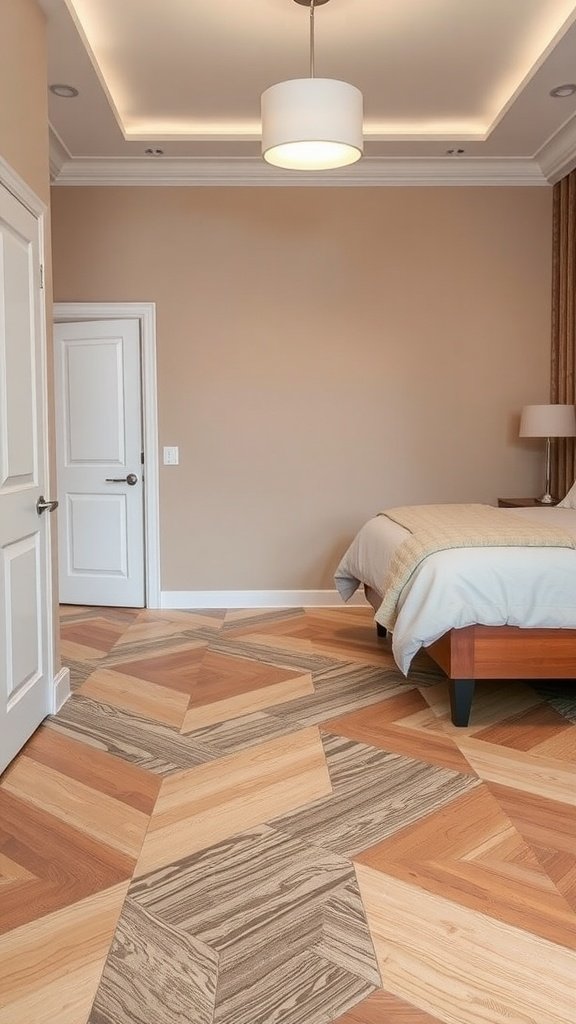 Stylish bedroom with unique wood floor design