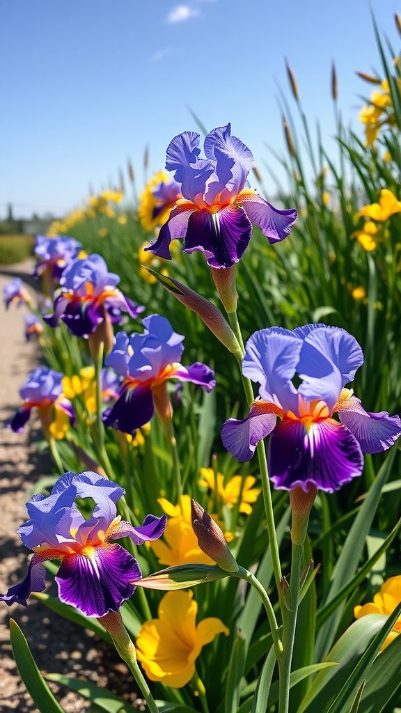 Siberian Iris flowers in a vibrant garden setting with yellow flowers in the background.