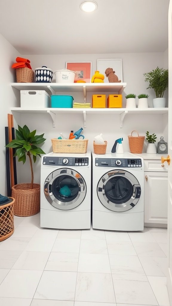 A clean and organized laundry room featuring a side-by-side washer and dryer with colorful storage baskets and decorative items on shelves.