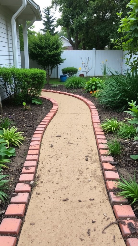 A garden path bordered by red bricks with greenery on both sides.