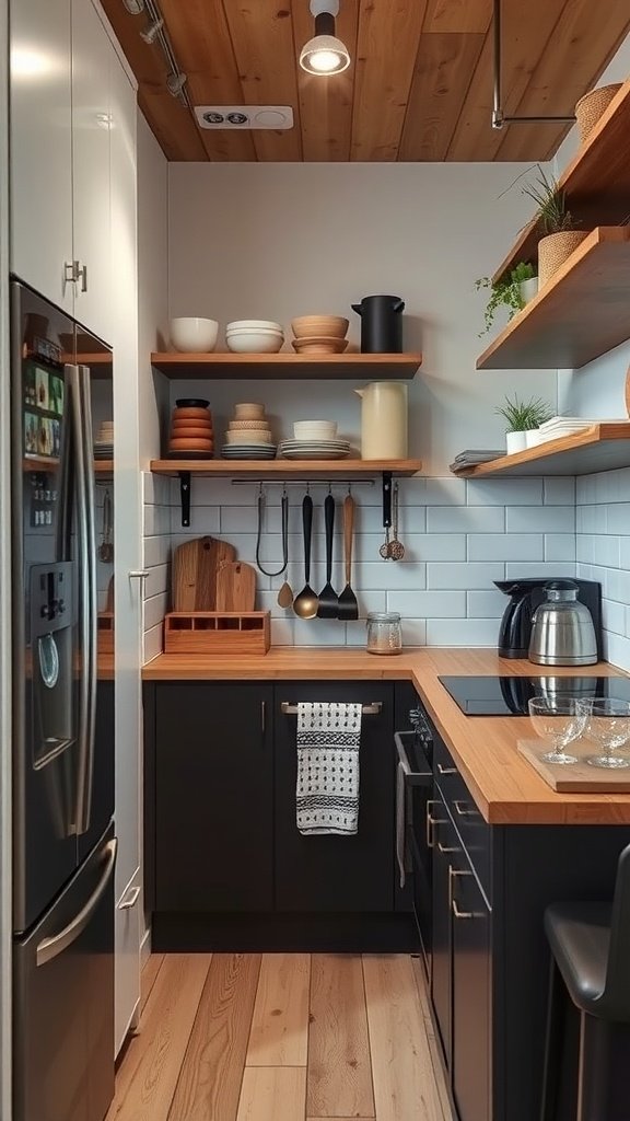 A stylish kitchen with wooden shelves, modern appliances, and organized kitchen tools.
