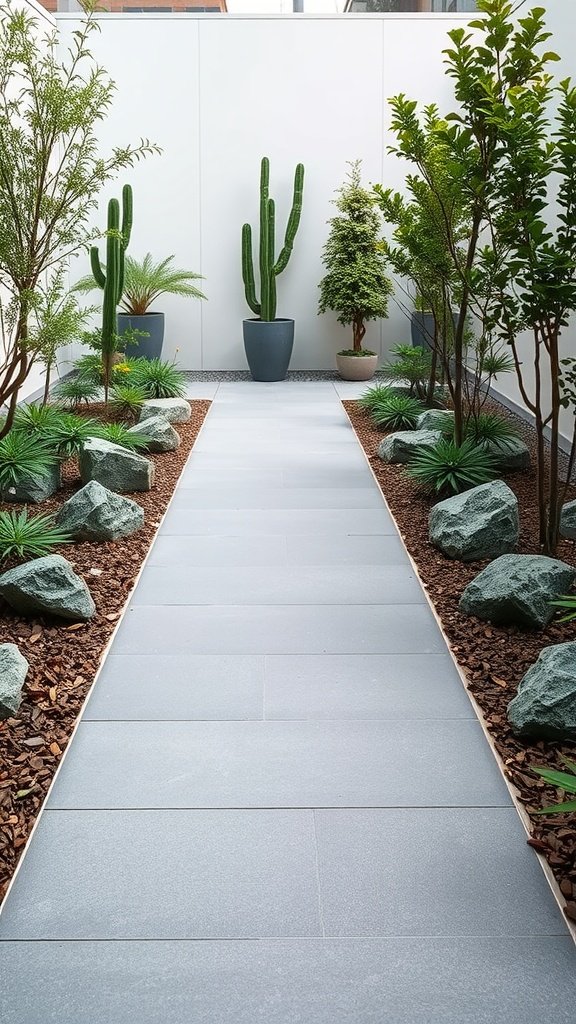 A clean slate tile pathway surrounded by greenery and decorative rocks.