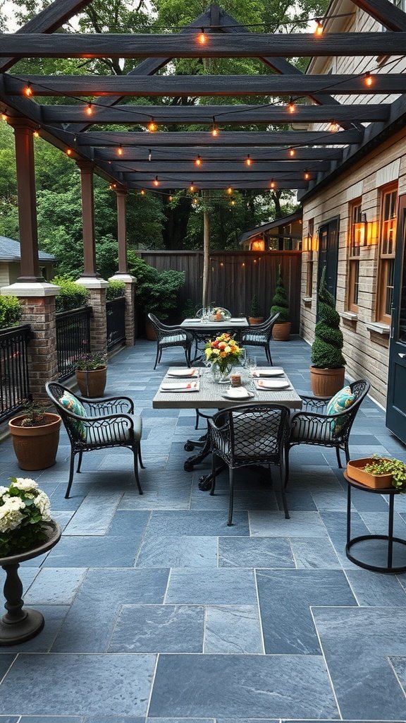 A patio featuring slate tiles with outdoor seating and decorative plants.
