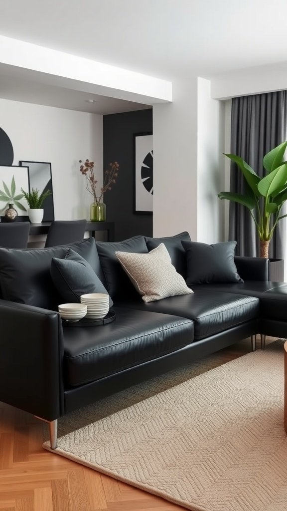 A sleek black leather sofa with throw pillows in a bright living room setting.