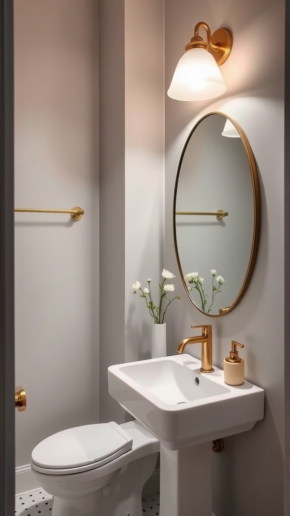 A modern half bathroom featuring a sleek pendant light and a round mirror above a minimalist sink.