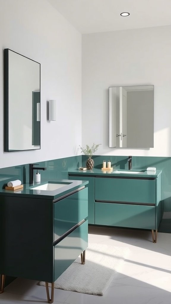 Modern dark green bathroom vanity with sleek design.